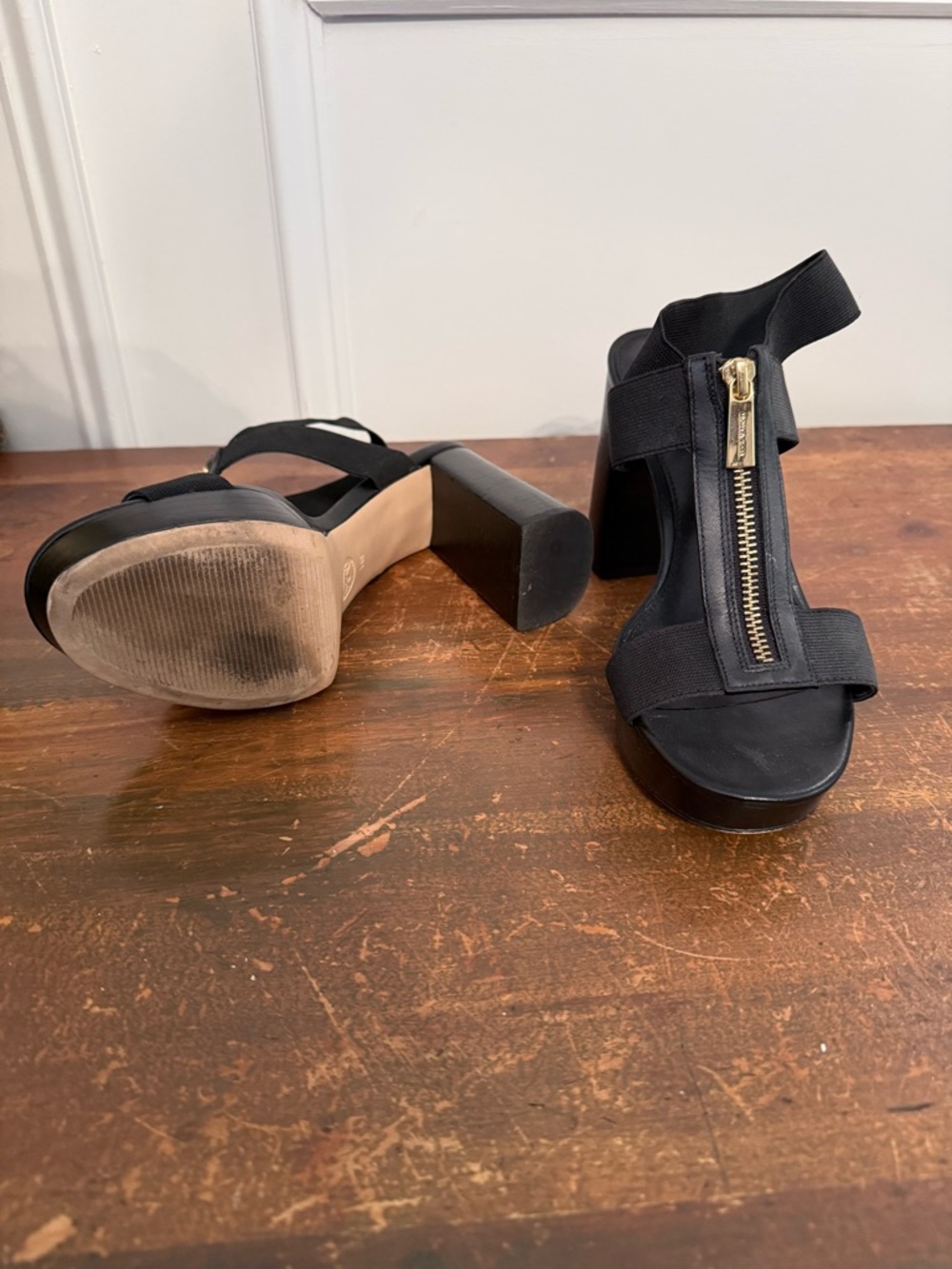Michael Kors Black Block Heel Sandals with Gold Zipper